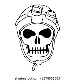 Calavera escarpada en la línea de casco de motocicleta retro. Dibujo de doodle dibujado a mano.