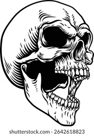 A scary skull skeleton head vampire grim reaper Halloween illustration in a vintage woodcut etching style
