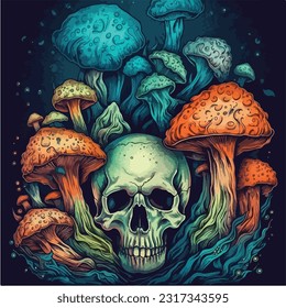 scary skulls mushroom coloring page for adults skulls Vector