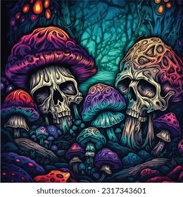 scary skulls mushroom coloring page for adults skulls Vector