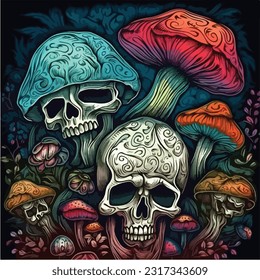 scary skulls mushroom coloring page for adults skulls Vector