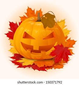 scary smile halloween pumpkin with fall maple leaves