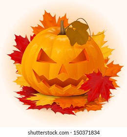 scary smile halloween pumpkin with fall maple leaves