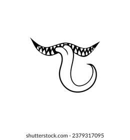 Scary smile with snake tongue. Alien monster joy with sharp teeth and ferocious vampiric grin for halloween and demonic vector design