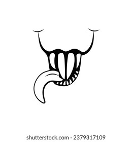 Scary smile with tongue hanging out. Creepy monster joy with sharp teeth and ferocious vampiric grin for halloween and demonic vector design
