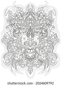 Scary Smiling Mask Facing Forward With Crown Colorless Line Line Drawing. Spooky Face Front View With Fangs Coloring Book Page.