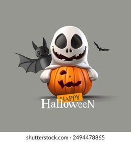 A scary smiling monster climbed a pumpkin, and a bat, 3D. Banner for Halloween advertising. Realistic image. Vector illustration.