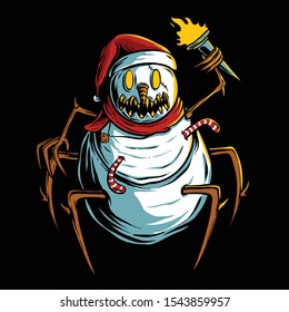 Scary snowman holding torch vector illustration. Snowman monster wearing santa hat with christmas candy. Christmas poster illustration