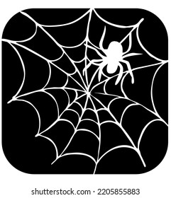 Scary spider and his net. Dangerous insect knitting web trap. Halloween symbol, decorative element poster, invitation card, party decoration. Hand drawn illustration. Chalkboard style vector drawing.