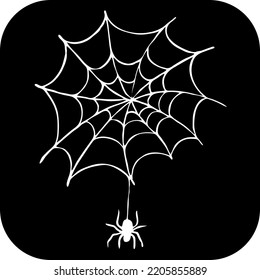 Scary spider and his net. Dangerous insect knitting web trap. Halloween symbol, decorative element poster, invitation card, party decoration. Hand drawn illustration. Chalkboard style vector drawing.