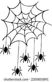 Scary spider and his net. Dangerous insect knitting web trap. Halloween symbol, decorative element poster, invitation card, party decoration. Hand drawn illustration. Cartoon character vector drawing.