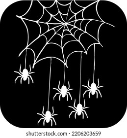 Scary spider and his net. Dangerous insect knitting web trap. Halloween symbol, decorative element poster, invitation card, party decoration. Hand drawn illustration. Chalkboard style vector drawing.