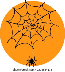 Scary spider and his net. Dangerous insect knitting web trap. Halloween symbol, decorative element poster, invitation card, party decoration. Hand drawn illustration. Cartoon character vector drawing.