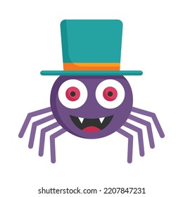 Scary spider icon. Flat design. Scary spider in witch hat isolated on white background. Holiday event halloween. Vector Illustration.