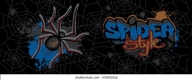 Scary spider on background with web. Cartoon illustration of tarantula or ghost, spook, horror. Flyer for Halloween. Graffiti on the wall with. Urban style. Chalk drawing on a blackboard. Vector.