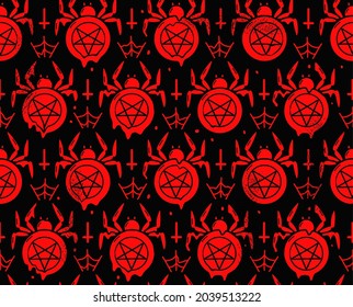 Scary spider with pentagram halloween seamless pattern. Vector hand drawn doodle cartoon illustration.Evil spider,pentagram,satan,dark,gothic seamless pattern for halloween poster, t-shirt concept