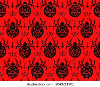 Scary spider with pentagram halloween seamless pattern. Vector hand drawn doodle cartoon illustration.Evil spider,pentagram,satan,dark,gothic seamless pattern for halloween poster, t-shirt concept