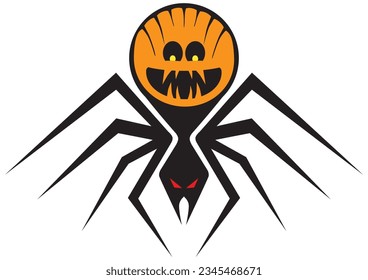 A scary spider with red eyes and a pumpkin on it's back