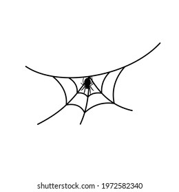 Scary spider web background. Cobweb background with spider. Halloween horror decoration. Spooky fear spiderweb. Simple drawn sketch cobweb. Hanging spider cartoon silhouette. Vector illustration