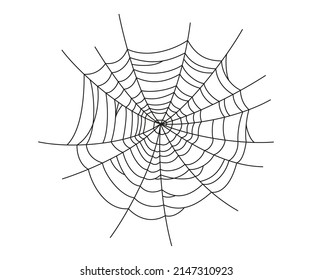 Espeluznante telaraña. Silueta de telaraña negra aislada sobre fondo blanco. Círculo de espinas Doodle. Dibujaron la web de la banda para la fiesta de Halloween. Ilustración vectorial.