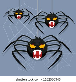 Scary spider with spider web. Spider character. Cute cartoon vector. Happy halloween illustration