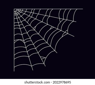 Scary spider web in the corner. White cobweb silhouette isolated on black background. Hand drawn spider web for Halloween party. Vector illustration.