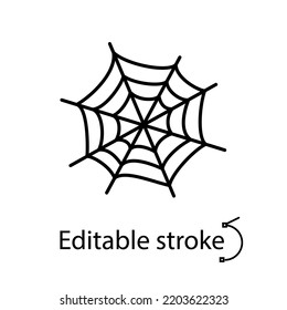 Scary spider web outline icon. Happy halloween design. Season october holiday. Witch decoration. Customizable contour symbol. Party decoration. Editable stroke. Vector stock illustration