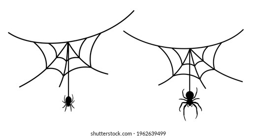 Scary spider web set isolated white background. Cobweb, black spider. Halloween horror decoration. Spooky fear spiderweb. Simple sketch cobweb. Hanging spider cartoon silhouette. Vector illustration