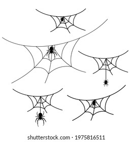 Scary spider web set isolated white background. Cobweb, black spider. Halloween horror decoration. Spooky fear spiderweb. Simple sketch cobweb. Hanging spider cartoon silhouette. Vector illustration