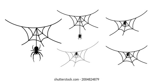 Scary spider web set isolated white background. Cobweb, black spider. Halloween horror decoration. Spooky fear spiderweb. Simple sketch cobweb. Hanging spider cartoon silhouette. Vector illustration