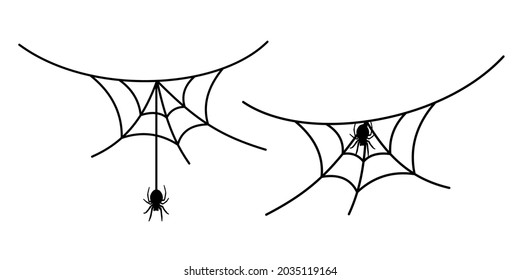 Scary spider web set isolated white background. Cobweb, black spider. Halloween horror decoration. Spooky fear spiderweb. Simple sketch cobweb. Hanging spider cartoon silhouette. Vector illustration