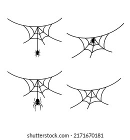 Scary spider web set isolated white background. Cobweb, black spider. Halloween horror decoration. Spooky fear spiderweb. Simple sketch cobweb. Hanging spider cartoon silhouette. Vector illustration