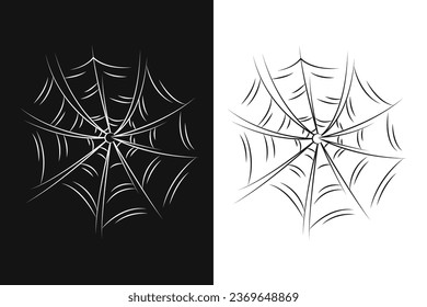 Scary spider web as a symbol of Halloween. Black and white doodle vector illustration.