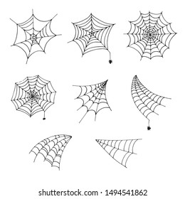 Scary spider web vector illustration. Cobweb silhouette isolated on white background. Spooky halloween decoration elements set for your design.