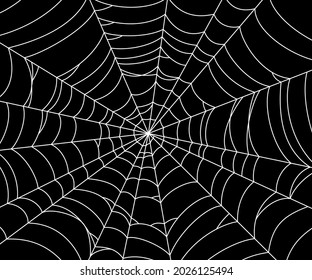 Scary spider web. White cobweb silhouette isolated on black background. Hand drawn banner with spider web for Halloween party. Vector illustration.