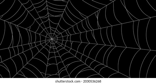 Scary spider web. White cobweb silhouette isolated on black background. Hand drawn banner with spider web for Halloween party. Vector illustration.