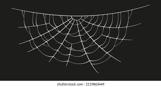 Scary spider web. White cobweb silhouette isolated on black background. Doodle spideweb banner. Hand drawn cob web for Halloween party. Vector illustration.