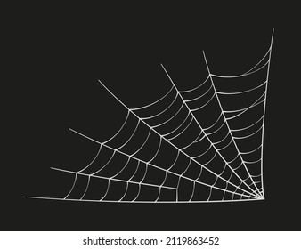 Scary spider web. White cobweb silhouette isolated on black background. Doodle spideweb angle. Hand drawn cob web for Halloween party. Vector illustration.