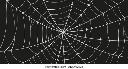 Scary spider web. White cobweb silhouette isolated on black background. Doodle spideweb banner. Hand drawn cob web for Halloween party. Vector illustration.