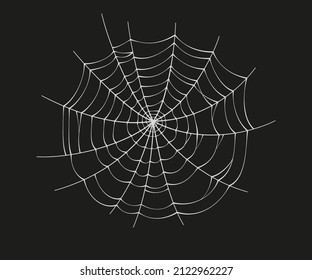 Scary spider web. White cobweb silhouette isolated on black background. Doodle spideweb circle. Hand drawn cob web for Halloween party. Vector illustration.