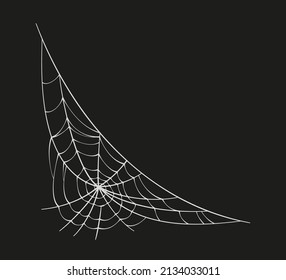 Scary spider web. White cobweb silhouette isolated on black background. Doodle spideweb angle. Hand drawn cob web for Halloween party. Vector illustration.