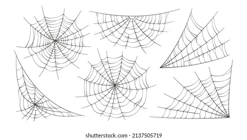 Scary Spider Webs. Black Cobweb Silhouette Isolated On White Background. Set Of Doodle Spidewebs. Hand Drawn Cob Webs For Halloween Party. Vector Illustration.