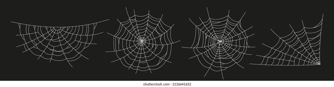 Scary Spider Webs. White Cobweb Silhouette Isolated On Black Background. Set Of Doodle Spidewebs. Hand Drawn Cob Webs For Halloween Party. Vector Illustration.