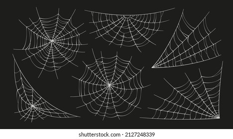 Scary Spider Webs. White Cobweb Silhouette Isolated On Black Background. Set Of Doodle Spidewebs. Hand Drawn Cob Webs For Halloween Party. Vector Illustration.