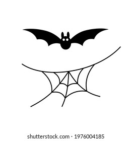 Scary spiderweb background. Black cobweb, bat, isolated on white. Halloween horror decoration. Spooky fear spider web. Simple drawn sketch cobweb. Flying bat cartoon silhouette. Vector illustration