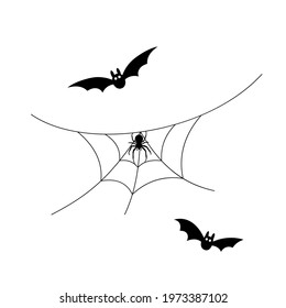 Scary spiderweb. Black cobweb, bat, spider, isolated white background. Halloween horror decoration. Spooky fear spider web. Simple sketch cobweb. Flying bat cartoon silhouette. Vector illustration