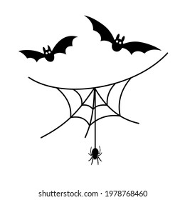 Scary spiderweb. Black cobweb, bat, hanging spider, isolated white background. Halloween horror decoration. Spooky fear spider web. Simple sketch. Flying bat cartoon silhouette. Vector illustration