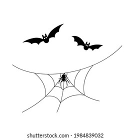 Scary spiderweb. Black cobweb, bat, spider, isolated white background. Halloween horror decoration. Spooky fear spider web. Simple sketch cobweb. Flying bat cartoon silhouette. Vector illustration