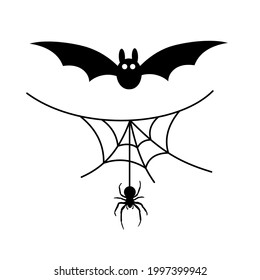 Scary spiderweb. Black cobweb, bat, hanging spider, isolated white background. Halloween horror decoration. Spooky fear spider web. Simple sketch. Flying bat cartoon silhouette. Vector illustration
