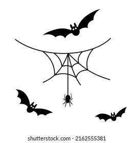 La telaraña aterradora. telaraña negra, murciélago, araña colgante, fondo blanco aislado. Decoración de horror de Halloween. Espantador telaraña de miedo. Esbozo simple. Silueta de dibujos animados de murciélago volador. Ilustración del vector